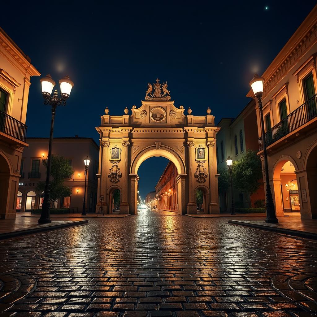 A 3D animation of the Arco de Santa Catalina at night, captured from a central angle, highlighting its architectural beauty under the soft glow of streetlights