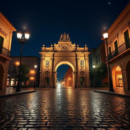 A 3D animation of the Arco de Santa Catalina at night, captured from a central angle, highlighting its architectural beauty under the soft glow of streetlights