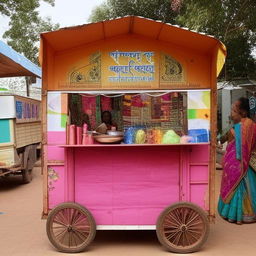 A small 5ft by 9ft mobile shop in India, with local goods and cultural designs present, simulating the vibrant street life of Indian cities.