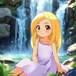 A Pokemon style girl sitting gracefully in front of a majestic waterfall