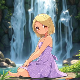 A Pokemon style girl sitting gracefully in front of a majestic waterfall