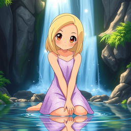 A Pokemon style girl sitting gracefully in front of a majestic waterfall