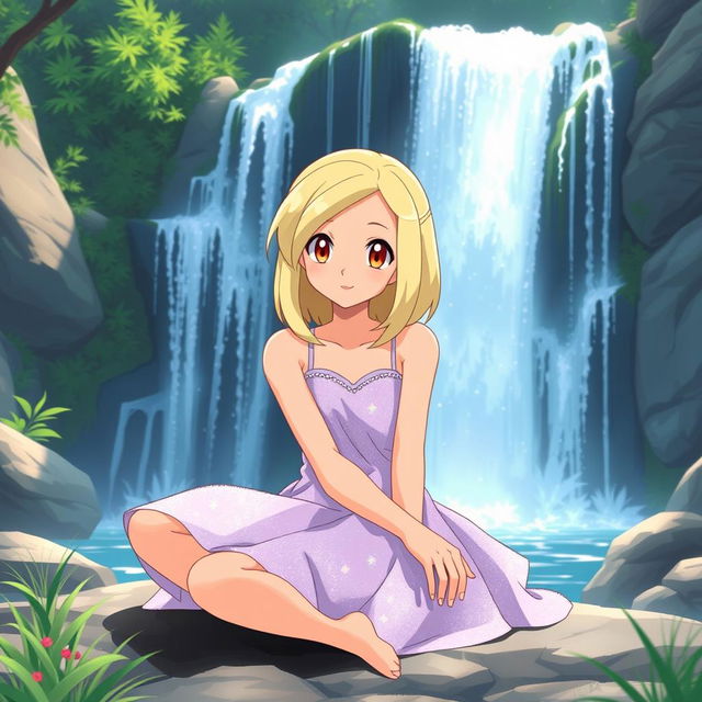 A Pokemon style girl sitting gracefully in front of a majestic waterfall