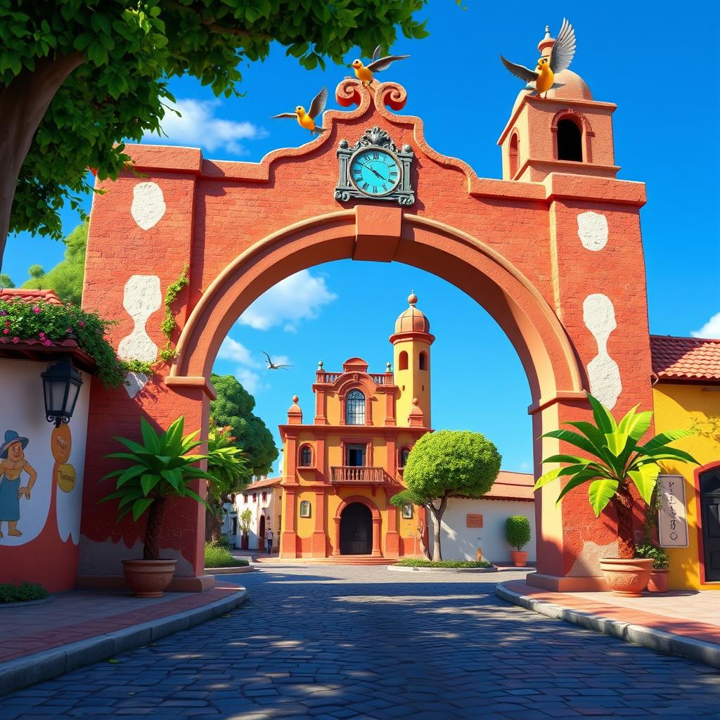 The Arco de Antigua Guatemala in a 3D animated Disney style