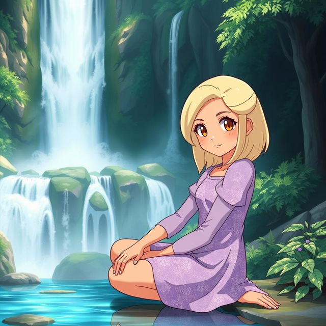 A Pokemon style girl with medium length blonde hair parted to the side and light tan skin