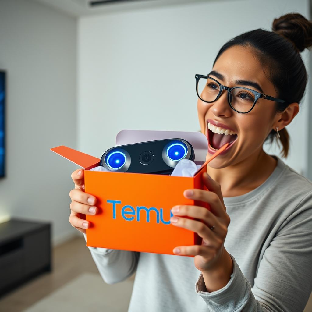 A person excitedly unboxing a package labeled "Temu