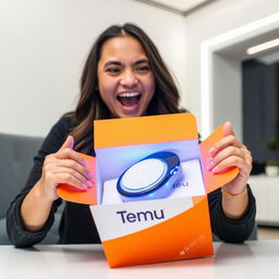 A person excitedly unboxing a package labeled "Temu