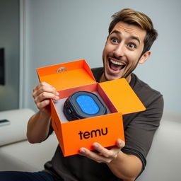 A person excitedly unboxing a package labeled "Temu