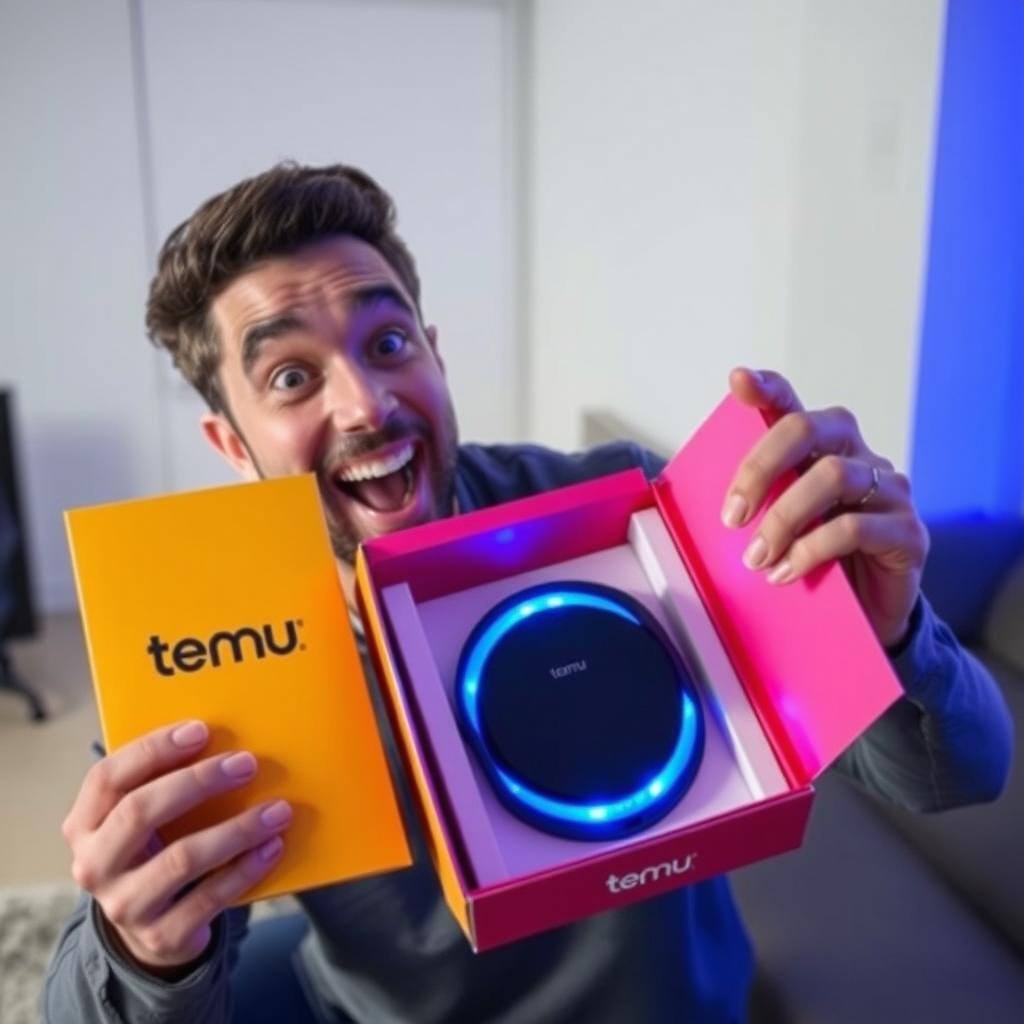 A person excitedly unboxing a package labeled "Temu