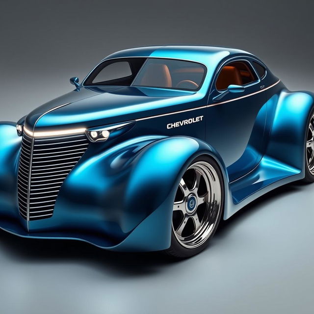 A futuristic supercar designed by merging the classic aesthetics of a 1939 Chevrolet Coupe with a widebody design