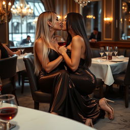 In an upscale restaurant, two very glamorous busty tanned young women are on a romantic date, captured in a moment of intense sexual passion