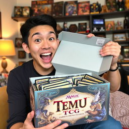 An enthusiastic individual unboxing a "Temu TCG" product, with a look of excitement and anticipation