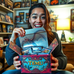 An enthusiastic individual unboxing a "Temu TCG" product, with a look of excitement and anticipation