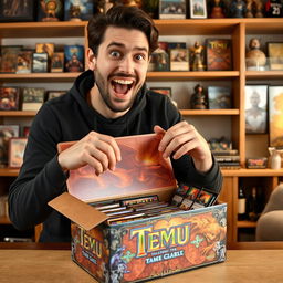 An enthusiastic individual unboxing a "Temu TCG" product, with a look of excitement and anticipation