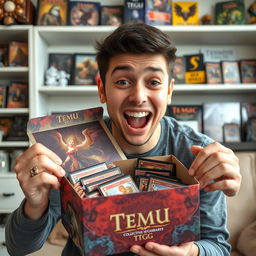 An enthusiastic individual unboxing a "Temu TCG" product, with a look of excitement and anticipation