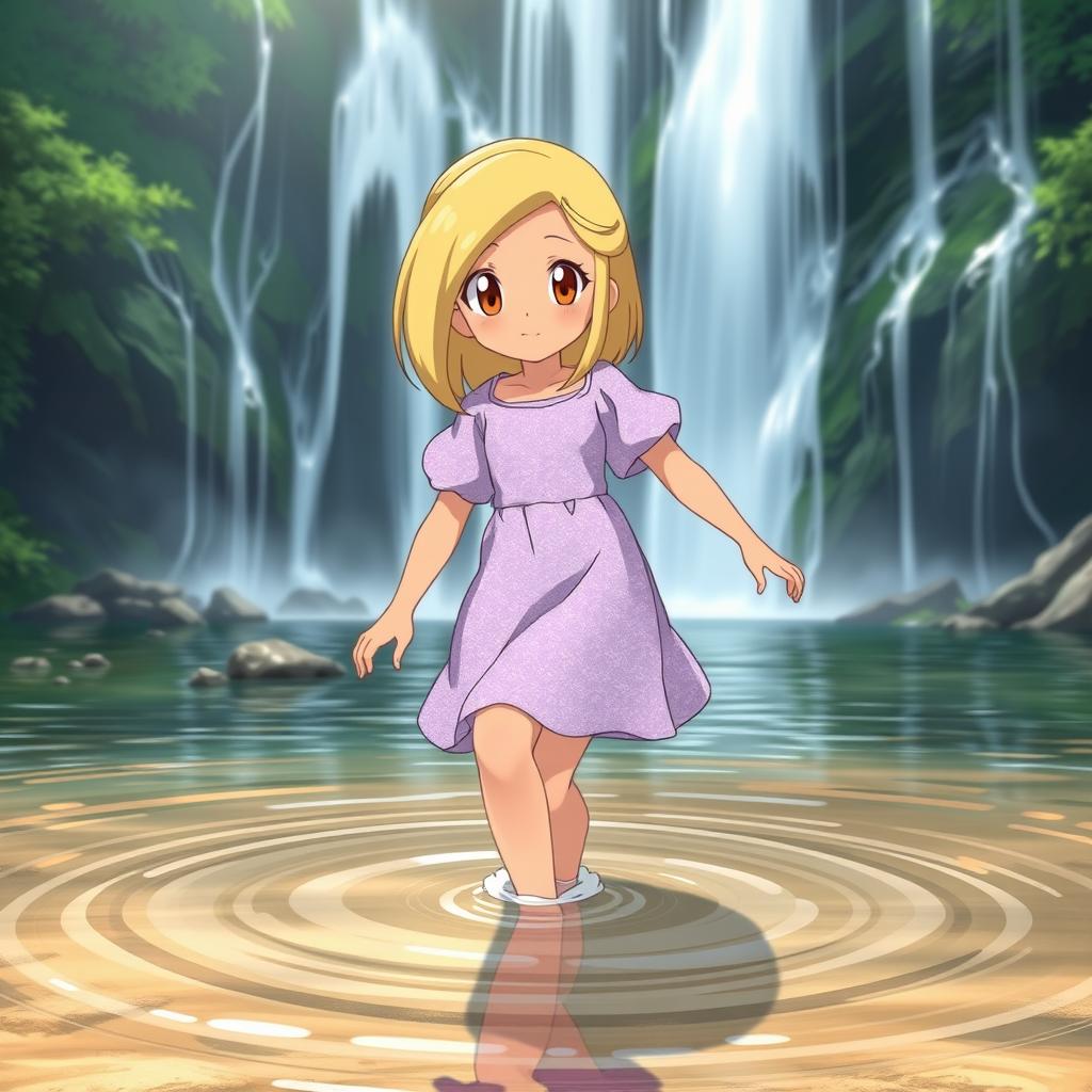 A Pokemon style girl with medium length blonde hair parted to the side and light tan skin