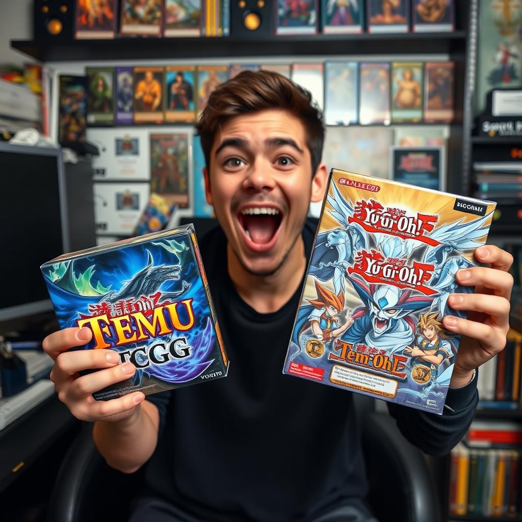 An enthusiastic individual unboxing a "Temu TCG" product alongside a "Yu-Gi-Oh!" trading card box, with a blend of excitement and curiosity