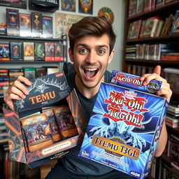 An enthusiastic individual unboxing a "Temu TCG" product alongside a "Yu-Gi-Oh!" trading card box, with a blend of excitement and curiosity