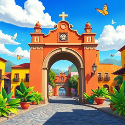 A vibrant Disney-style animation featuring the iconic Arco de Santa Catalina in Antigua Guatemala, depicted in an enchanting and whimsical manner