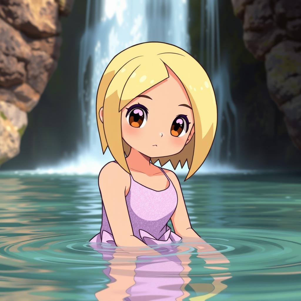 A Pokemon-style girl with blond medium length hair parted to the side, light tan skin, and brown eyes