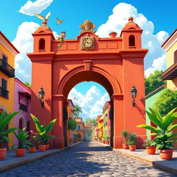 A vibrant Disney-style animation featuring the iconic Arco de Santa Catalina in Antigua Guatemala, depicted in an enchanting and whimsical manner