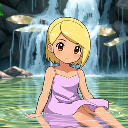 A Pokemon-style girl with blond medium length hair parted to the side, light tan skin, and brown eyes