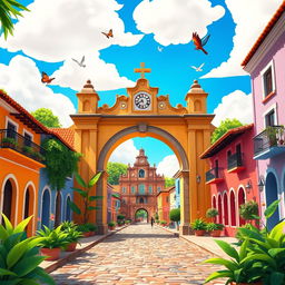 A vibrant Disney-style animation featuring the iconic Arco de Santa Catalina in Antigua Guatemala, depicted in an enchanting and whimsical manner