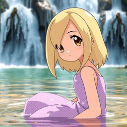 A Pokemon-style girl with blond medium length hair parted to the side, light tan skin, and brown eyes