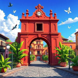 A vibrant Disney-style animation featuring the iconic Arco de Santa Catalina in Antigua Guatemala, depicted in an enchanting and whimsical manner