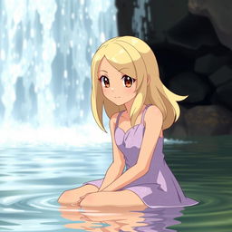 A Pokemon-style girl with blond medium length hair parted to the side, light tan skin, and brown eyes