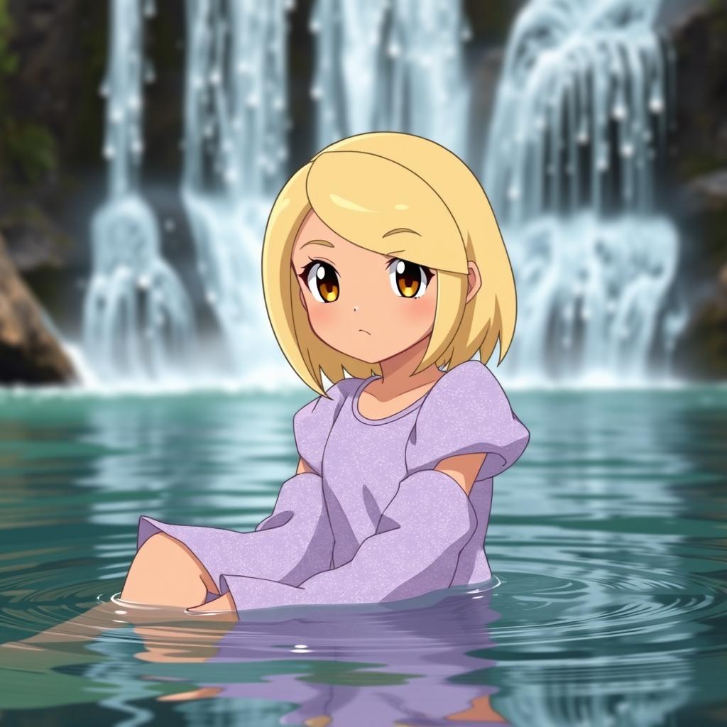 A Pokemon-style girl with blond medium length hair parted to the side, light tan skin, and brown eyes