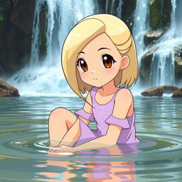 A Pokemon-style girl with blond medium length hair parted to the side, light tan skin, and brown eyes