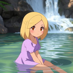 A Pokemon-style girl with blond medium length hair parted to the side, light tan skin, and brown eyes