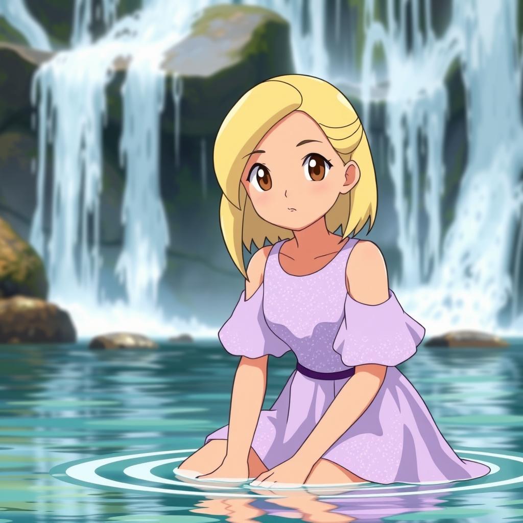 A Pokemon-style girl with blond medium length hair parted to the side, light tan skin, and brown eyes