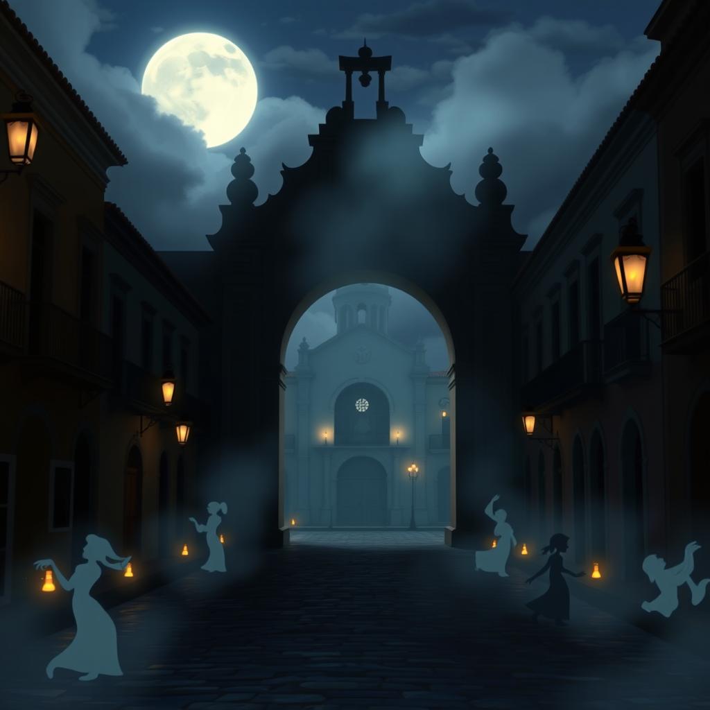 A dark and eerie Disney-style animation featuring the Arco de Santa Catalina in Antigua Guatemala