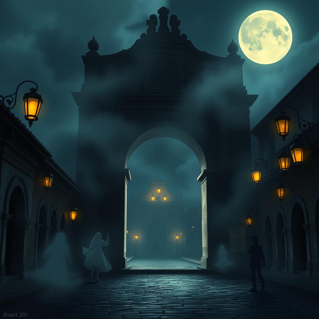 A dark and eerie Disney-style animation featuring the Arco de Santa Catalina in Antigua Guatemala