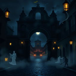 A dark and eerie Disney-style animation featuring the Arco de Santa Catalina in Antigua Guatemala