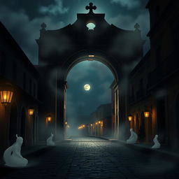 A dark and eerie Disney-style animation featuring the Arco de Santa Catalina in Antigua Guatemala