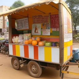 A small 5ft by 9ft mobile shop in India, with local goods and cultural designs present, simulating the vibrant street life of Indian cities.