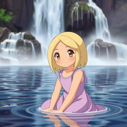 A Pokemon-style girl with blond medium length hair parted to the side, light tan skin, and brown eyes