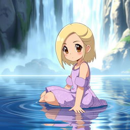 A Pokemon-style girl with blond medium length hair parted to the side, light tan skin, and brown eyes