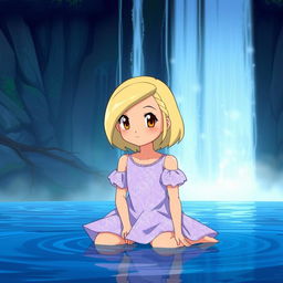 A Pokemon-style girl with blond medium length hair parted to the side, light tan skin, and brown eyes