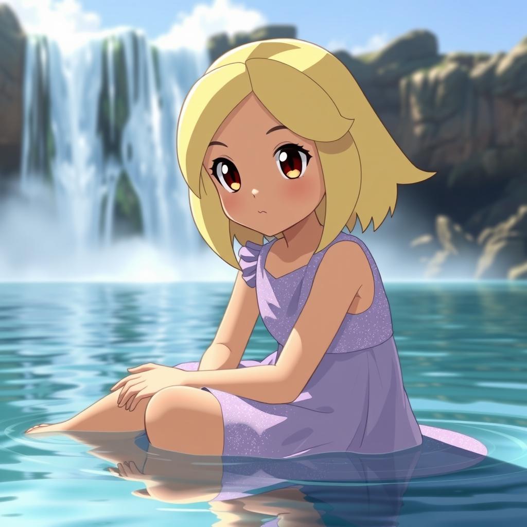 A Pokemon-style girl with blond medium length hair parted to the side, light tan skin, and brown eyes