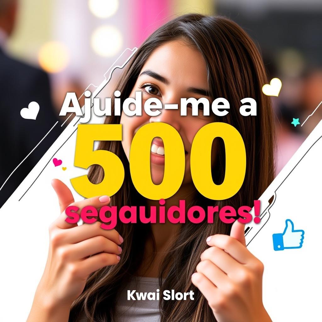 A captivating vertical thumbnail for a Kwai short, featuring the title "Ajude-me a conseguir 500 seguidores!" prominently displayed in bold, vibrant Portuguese text