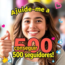 A captivating vertical thumbnail for a Kwai short, featuring the title "Ajude-me a conseguir 500 seguidores!" prominently displayed in bold, vibrant Portuguese text