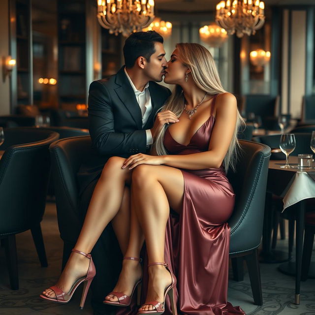 Inside a high-end restaurant, two very glamorous busty tanned young women are immersed in a romantic date, captured in a moment of fervent embrace