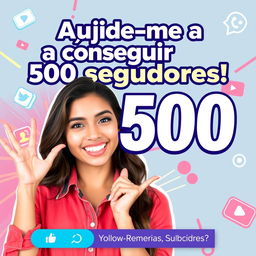 A vibrant vertical thumbnail for a YouTube short, showcasing the title "Ajude-me a conseguir 500 seguidores!" prominently in bold, eye-catching Portuguese text