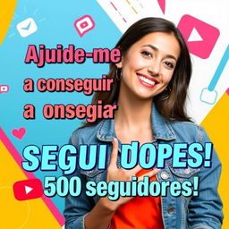 A vibrant vertical thumbnail for a YouTube short, showcasing the title "Ajude-me a conseguir 500 seguidores!" prominently in bold, eye-catching Portuguese text