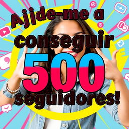 A vibrant vertical thumbnail for a YouTube short, showcasing the title "Ajude-me a conseguir 500 seguidores!" prominently in bold, eye-catching Portuguese text