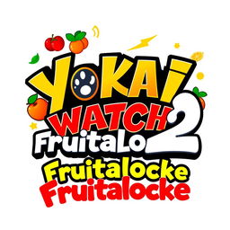 A colorful and vibrant logo design for "Yokai Watch 2 Frutalocke" featuring a playful and energetic theme